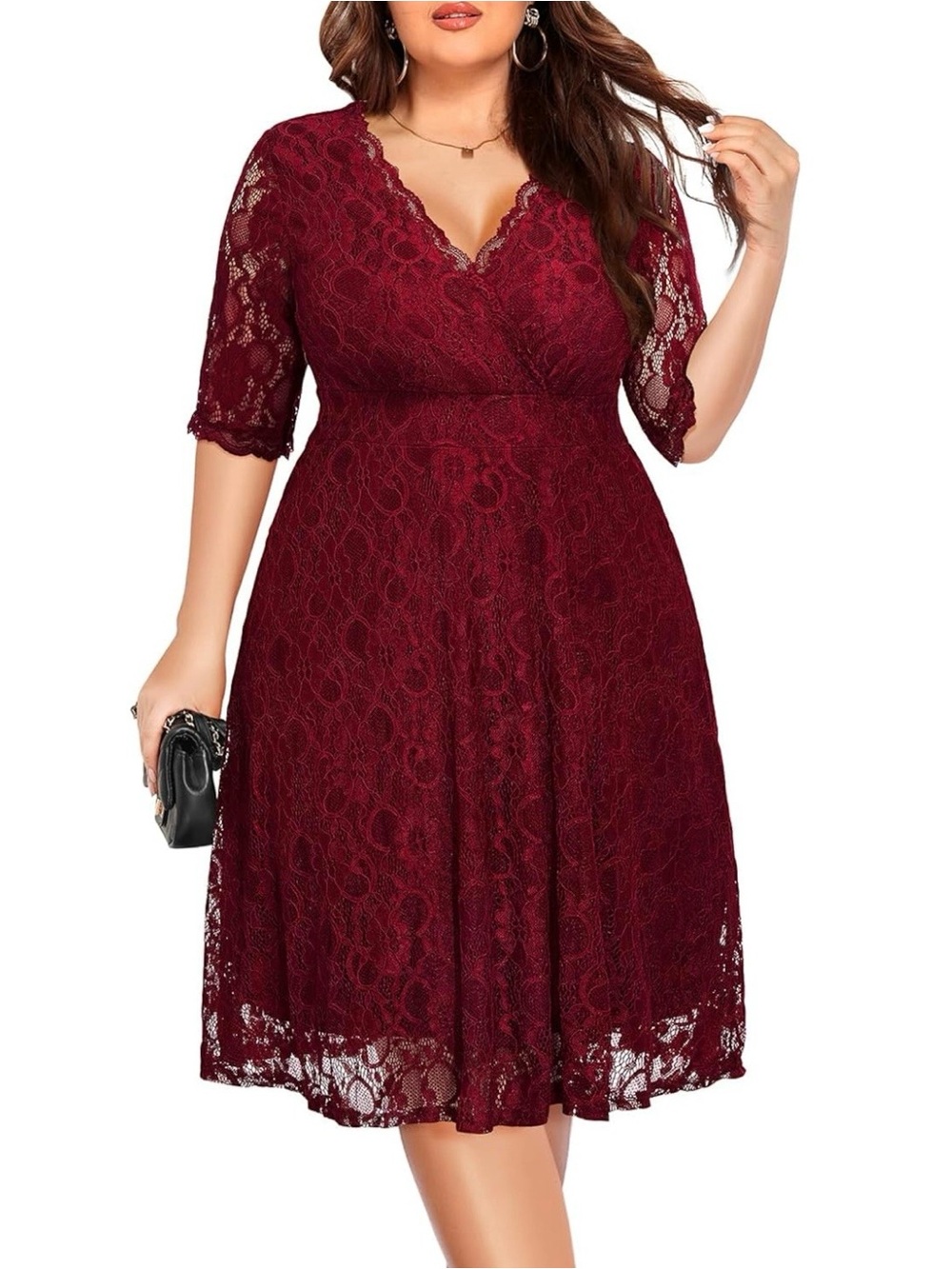 NWT Plus Size Burgundy Lace V-Neck Midi Cocktail Dress Size 26W
